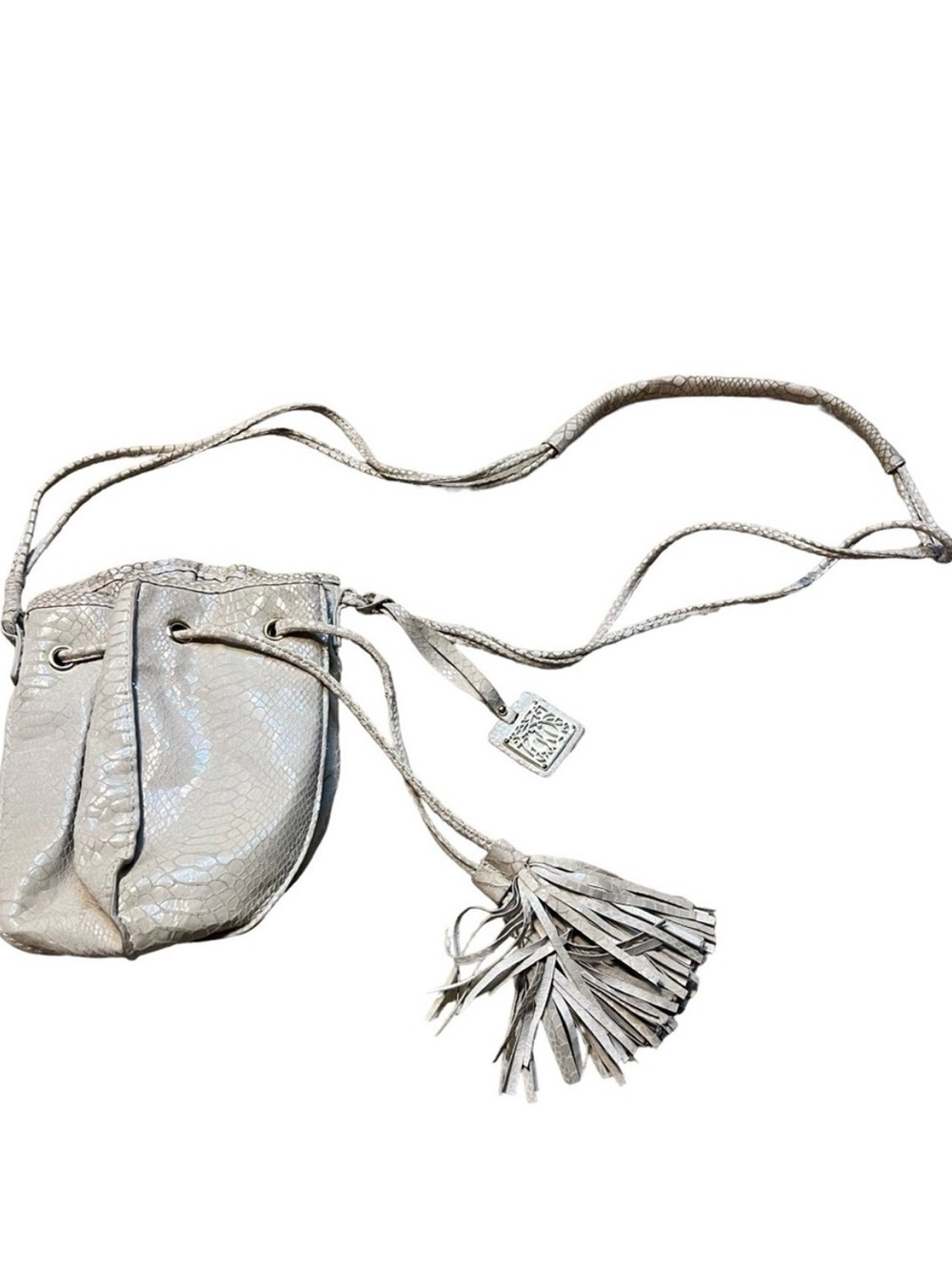 Carlos Falchi  Off White Cream Snake Embossed Drawstring Crossbody Vintage Bag